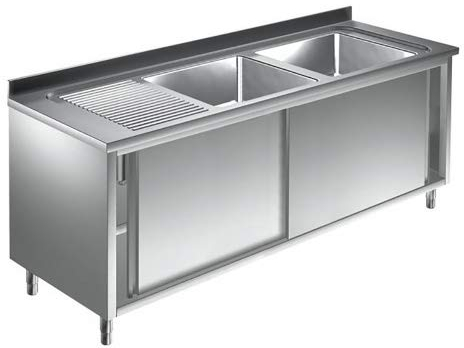 Spülschrank 2 Becken rechts - 1,6 x 0,7 m Edelstahl Spüle mit Schiebetüren Gastro Spüle