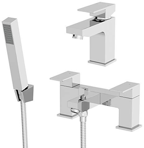 Architeckt® Ibbardo Bathroom Bath Shower Mixer Tap and Basin Tap Set Deck Mounted Square Twin Lever Handle Modern, Chrome