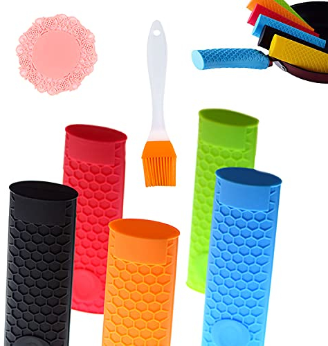 YouU Silicone Hot Handle Holder Potholder Rubber Pot Handle Sleeve Heat Resistant for Cast Iron Pans Metal Frying Pans Skillets Griddles-Insulation coaster Pastry Brush Silicone 7 Pack