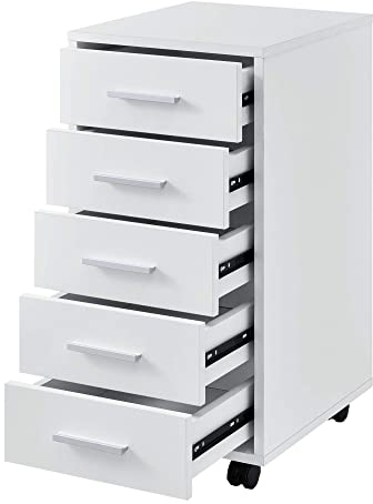 Caisson à roulettes Mobile avec 5 Tiroirs en MDF 63 x 33 x 38 cm Blanc