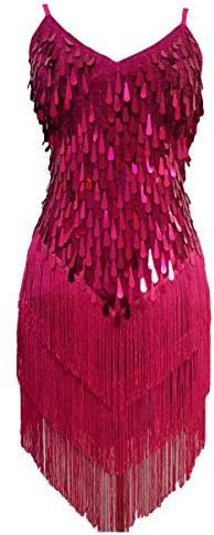 Grouptap Gonna da Donna Flapper Gatsby con Nappine con Paillettes da Ballo Gonna da Ballo Rosa Rosso Latino Salsa Tango Samba cha cha Rumba Abito Taglia 32/34/36/38 (Rosa, EU 32-38)