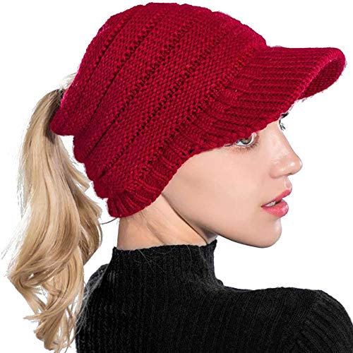 canjoyn Damen Mädchen Beanie Mütze Winter Warme Mütze Gerippte Strick-Baseballkappe Hoher Dutt Pferdeschwanz Visor Beanie Cap, rot, Medium