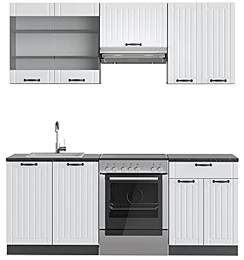 Vicco Küchenzeile Fame-Line, Weiß Landhaus/Anthrazit, 200 cm ohne Arbeitsplatte