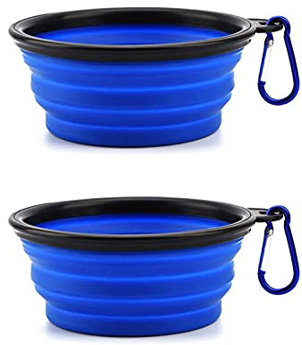 pet wiz Cuenco plegable de silicona de viaje, 350 ml, paquete de dos unidades, cuenco portátil para alimentos y bebidas con gancho para perros y gatos (azul)