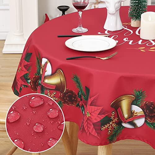 CAROMIO Tischdecke Rund, Abwaschbare Tischdecken Weihnachten Rot, Tischtuch Wasserabweisend aus Polyester mit Girlande Weihnachtsblume Tischwäsche für Festival Küche Picknick (152cm Durchmesser)