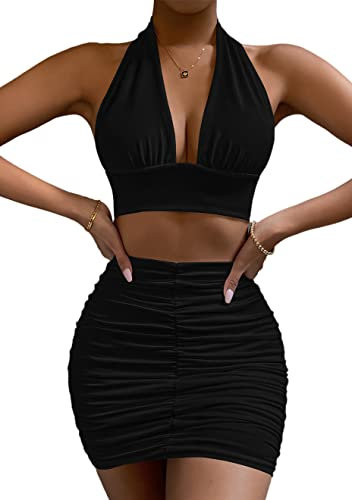 Womens Sexy 2 Piece Outfits Halter Neck Sleeveless Crop Top Ruched Bodycon Skirt Small Black