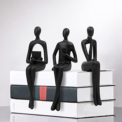 Masvan 3Pcs Black Abstract Figurines Thinker Statues, Home Decor Resin Bookshelf Sitting Sculpture, Modern Collectible Accents for Office Living Room Coffee Table Shelves Decoration (Black)