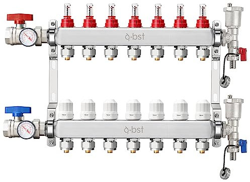 Kit collettore ABST PEX, 7 anelli in acciaio inox con collettore di calore radiante a pavimento con adattatori da 1/2 inclusi per riscaldamento a pavimento radiante idronico