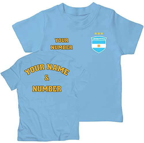 lepni.me Maglia Bambini Coppa del Mondo 2022 Campioni Calcio Argentina Tuo Nome e Numero Distintivo della Bandiera Argentino Personalizzato Maglietta (12-13 Anni Cielo Blu con 3 Stelle Multicolore)
