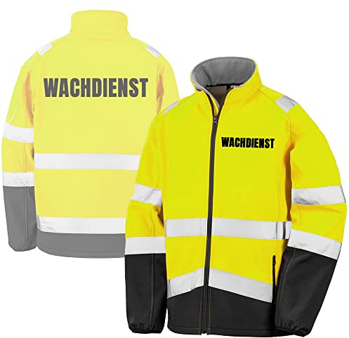 Fassbender-Druck WARNWESTEN - WACHDIENST Sicherheitsjacke GELB aus Softshell - Gelb Warnjacke nach EN ISO 20471 zertifiziert - Unisex und hochwertigem Reflektorstreifen