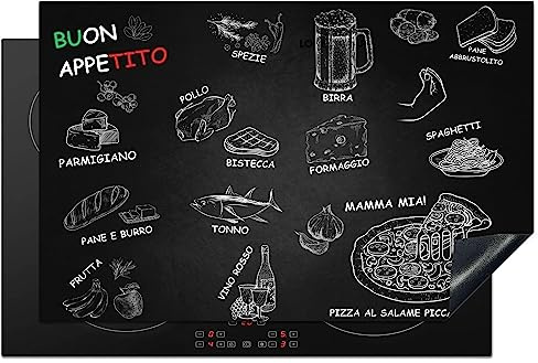 KitchenYeah© Protege Plaque Tapis Pour Induction 80x52 cm Deco Cuisine Protection Vitrocéramique Pour Cuisiniere Italien - Herbes - Épices - Ristorante - Pizza - Spaghetti - Buon Appetito
