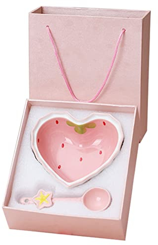 Strawberry Love Heart Bowl,Love Heart Shaped Bowl Strawberry Salad Bowl Ceramic Dessert Bowl with Spoon for Cereal Pasta Snack(#A)
