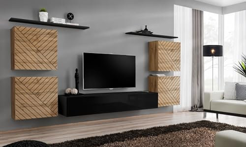 All4All Wohnwand SW IV mit Lamellen - Wohnzimmermöbel - Schrankwand für Wohnzimmer - Wohnzimmerschrank - Anbauwand Hängend - Hängewand - Mediawand - Modern - Wotan+Schwarz 21