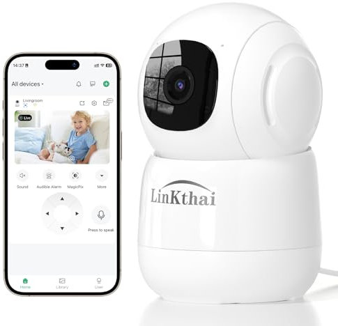 Linkthai Indoor Security Camera, 2K Pet Dog Camera with Phone App,Baby Monitor Camera with Auto Tacking Motion Detection, Cloud & SD Card Storage3 with Night Vision(2.4GHz ONLY) (White)