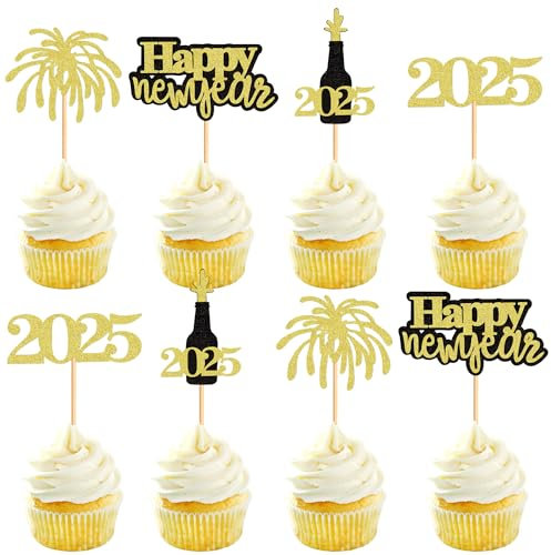 Blumomon24 Stück Frohes neues Jahr 2026 Tortenaufleger, Neujahr 2026 Party Dekorationen, Happy New Year Silvester Party Tortenaufleger Hello 2026