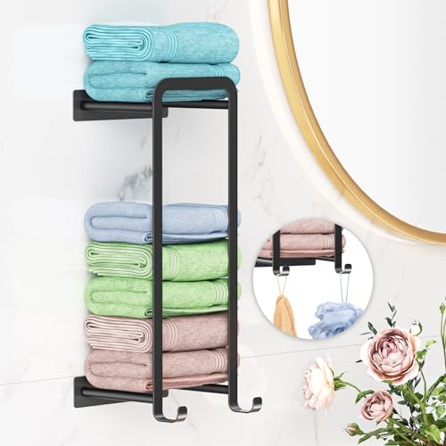 YYBO Porte Serviette Salle de Bain sans Percage, en métal Porte Serviette Salle de Bain Mural, Rangement Serviette Salle de Bain avec Crochets, Noir