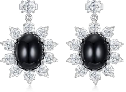 Schwarze Onyx Ohrringe 925 Sterling Silber Halo Ohrhänger mit 10 * 8 mm Ovalem Schwarzen Onyx