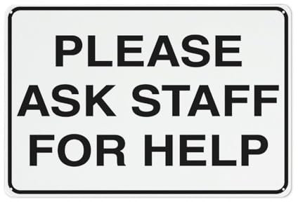 Compladeta Schild mit Aufschrift Please Ask Staff For Helpe, für Haustür, Büro, Geschäft, Hof, Metall, Aluminium, rostfrei, 30,5 x 20,3 cm, vorgebohrte Löcher, wetterbeständig