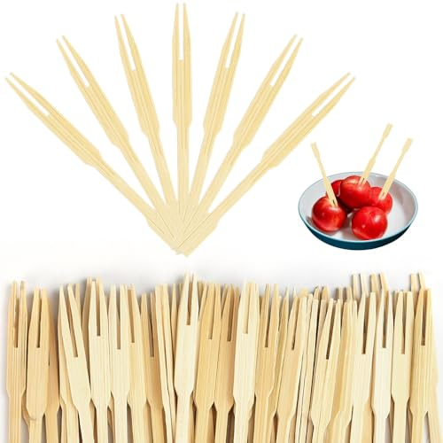 DTYGUIXE Mini Tenedores de Fruta, 400 Tenedores de Bambú de 8,8 cm Palillos para Aperitivos con Pinchos Romos Palillos de Bambú para Brochetas de Frutas Chuches Barbacoa Fiambrera