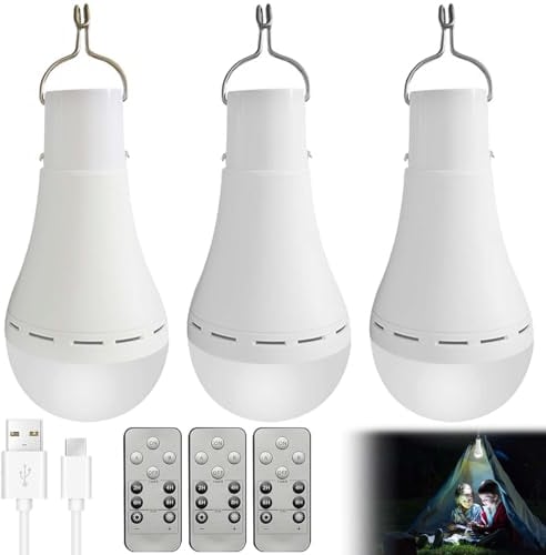 3 Stück Glühbirne mit Batterie, LED Glühbirne mit Fernbedienung, USB Wiederaufladbare Aufladbare Glühbirne mit Haken, Einstellbares Notlicht mit 3 Lichtmodi, LED Glühbirne im Innen- und Außenbereich