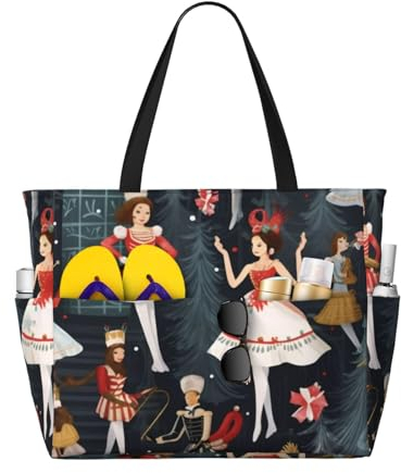 ZHONGSK Large Beach Bags For Women, Large Capacity Beach Tote Bag/Women'S Nutcracker Ballet Xmas Dance/Pool Bag With Zip And Pockets Foldable Handbag For Gym Travel Shopping