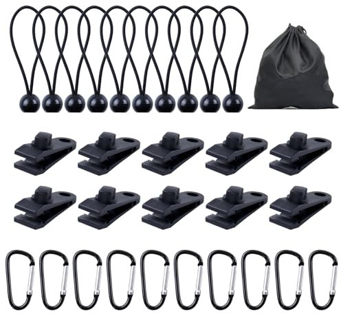 wadafen 30 Pcs Tarp Clips Set,10 Tarp Clips Heavy Duty,10 Carabiner Clips and 10 Tent Bungees Cords,with Storage Bag,for Tents, Awnings,Pool Tarpaulins,Outdoor Camping,Black