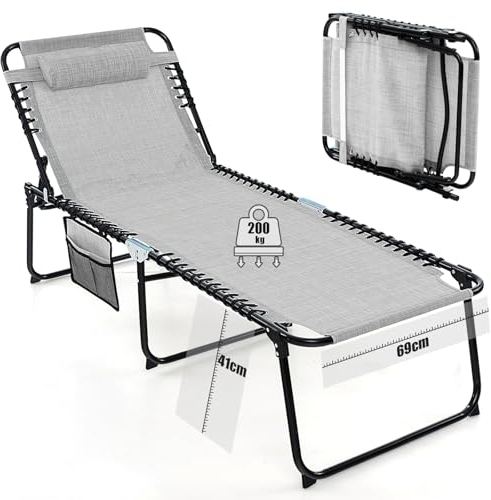 COSTWAY Sonnenliege mit Kopfstütze und Seitentasche, hohe Sitzhöhe, 69 cm breit, klappbare Gartenliege mit Verstellbarer Rückenlehne, Strandliege bis 200 kg belastbar, Liegestuhl für Garten (Grau)