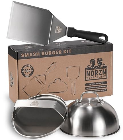 Smash Burger Set – Burger Smasher Set inkl. Hamburgerpresse, Burgerglocke Edelstahl 304, Grillspachtel Edelstahl Plancha Smashed Burger Presse, Smashburger Set, EU-lebensmittelecht, 10 Jahre Garantie