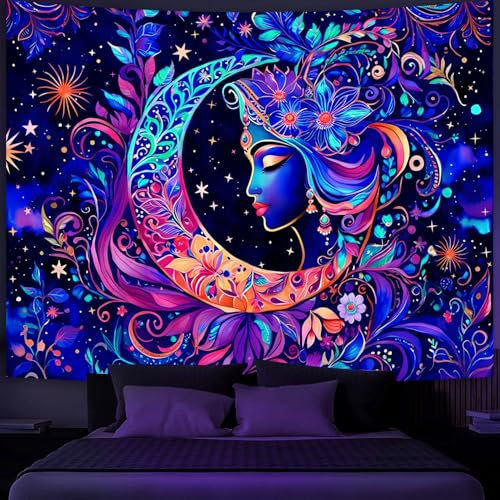 Simpkeely Schwarzlicht Mond und Sterne Wandteppich – Eleganter Göttinnen-Wandbehang mit UV-reaktiver Sonnen-Mandala, Bunter Boho-Wandteppich für Schlafzimmer und Wohnzimmer – 150 x 200 cm