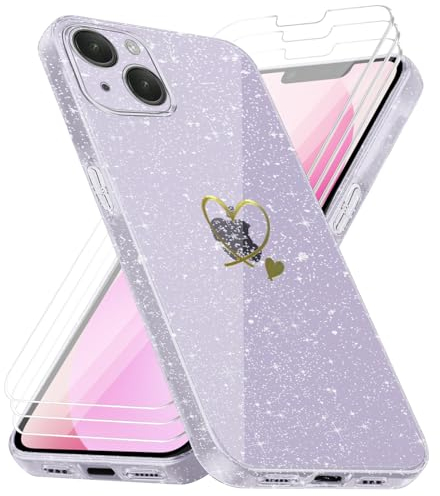 crisant Handyhülle Kompatibel mit iPhone 13 mit 3 Stücke Schutzfolie, Weich TPU Anti-Fingerabdruck Hülle, Glitzer und Absturzsicherung Schutzhülle (Transparent)