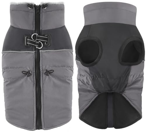 Dolahovy wasserdichte Hundemantel Winterjacken, Winddichte Haustier Kleidung Große Jumper Warme Hunde Mäntel Fleece Jacken Outfit für kleine mittlere große Hunde Welpen Weste mit Geschirr (Grau, 2XL)