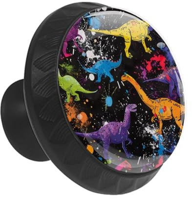 Anna Cowper Lot de 12 boutons d'armoire ronds en verre avec peinture aux éclaboussures de dinosaures pour commode, tiroir, armoire de cuisine, placard, porte de meubles (35 mm)