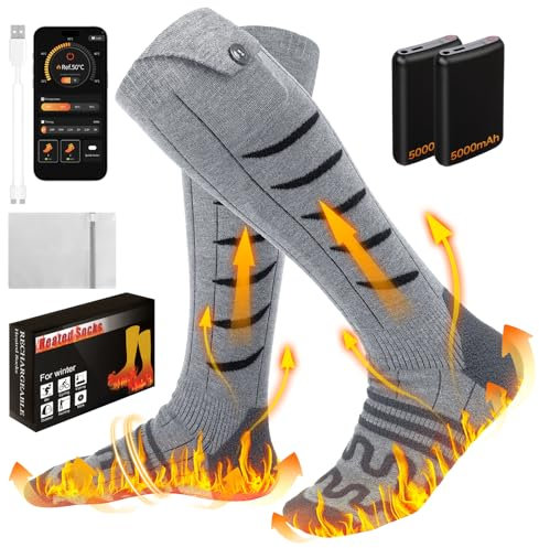 WUQNGI Calcetines Calefactables, 5000mAh* 2 Recargables Bateria Calcetines Calefactables con App Hombre Mujer, Calcetines Calefacción con 4 Temperaturas, Calcetines Termicos Electricos para Esquí