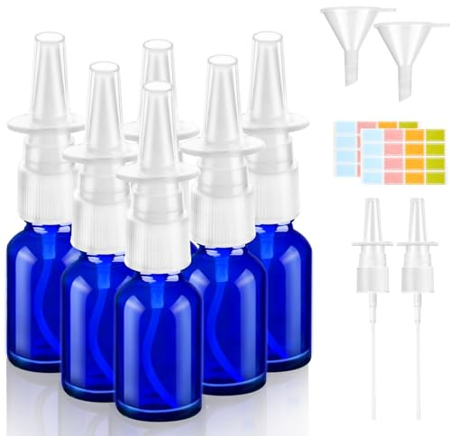 Maxmoc 10 ml Empty Nasal Spray Bottle, Blue Glass, Pack of 6 | Nasal Spray Bottles, Refillable with Nozzles Funnel Labels for Perfume Essential Saline Solution