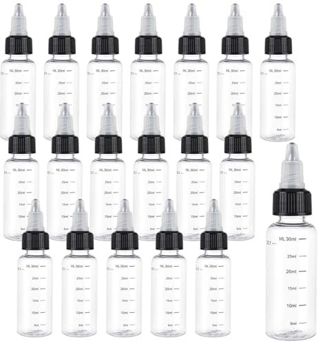 YUNXCNA Flacon à Presser, 20 Pièces 30ml Flacon à Presser en Plastique Transparent avec Embout Pivotant, pour l'encre Liquide, Huiles, Gels, Colles(Couvercle Noir)