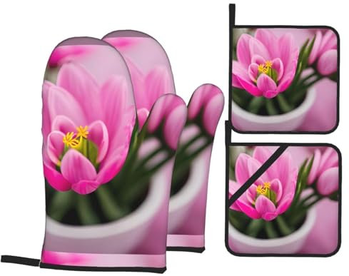Spring is in The Air Print Ofenhandschuhe, Küche Backen Vierteiliges Set, Hitzebeständige und Wärmeisolierende Handschuhe