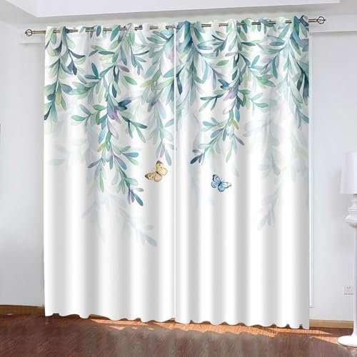 Lirzxin Vorhänge Verdunkelung 244 cm Lang, Gardinen Blickdicht mit Ösen 2er Set Blau Grün Zweige Blätter und Schmetterlinge Muster Vorhang für Wohnzimmer Schlafzimmer, 244x244 cm(BxH)
