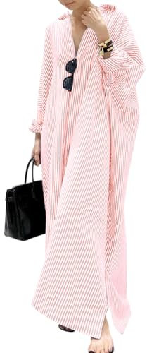 chouyatou Robe longue décontractée à manches longues boutonnée en coton rayé pour femme, Orange Rose, Taille L