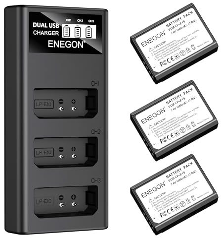 ENEGON LP-E10 High-Capacity Batteries (3×1680mAh) with LCD 3-Slot Charger, Compatible with Canon LP-E10 and EOS Rebel T3, T5, T6, Kiss X50, X70, 1100D, 1200D, 1300D, 2000D, 3000D, 4000D