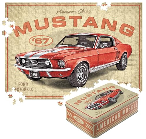 Nostalgic-Art Retro Puzzle 1000 Teile, 68 x 48 cm, Ford Mustang – GT 1967 Red – Geschenk-Idee für Ford Fans, Original Lizenzprodukt (OLP), für Erwachsene, in Vintage-Metalldose als Geschenkverpackung