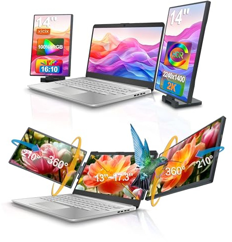 XJCIX 14.1 Zoll 2K Tragbarer Dreifach-Laptop-Monitor (mit USB-Dock) QHD 2240x1400 IPS Externer Bildschirm Plug & Play Dual Erweiterter Laptop Monitor Erweiterungsbildschirm für HDMI, USB-A & USB-C