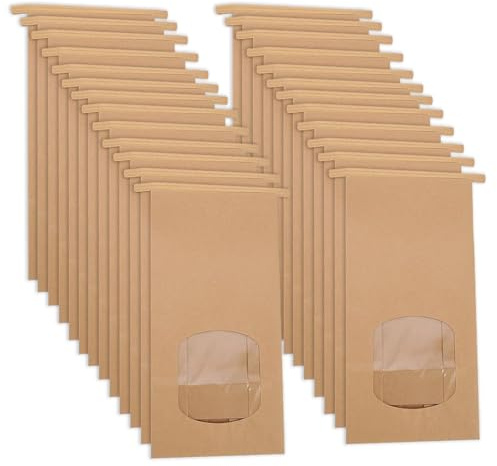 VZU Papiertüten mit Sichtfenster & Clips, 50 Stück braune Brottüten aus Kraftpapier für Gebäck, Süßigkeiten & Geschenke (9 x 6 x 17 cm)