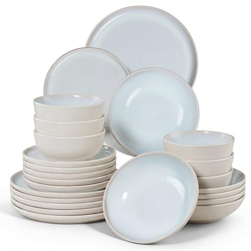 Homikit Geschirrset 6 Personen, 24-tlg Steinzeug Geschirr Set, Jade Weiß | Reaktive Glasur Tafelservice mit Speiseteller Dessertteller Suppenteller, Müslischalen, Mikrowellen & Spülmaschinenfest