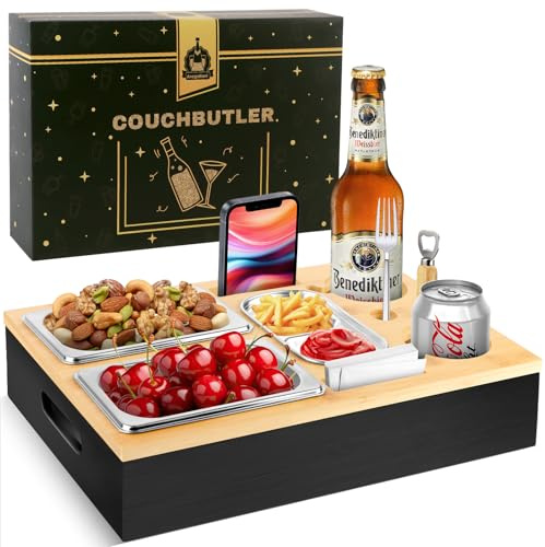 Herenear Couchbar, Snackbox Sofatablett, Couch Bar mit Geschenkbox, Snackspender mit Snackschale, Getränkehalter Flaschenhalter, Snackbar Organizer Abnehmbarer Deckel für Sofa (Schwarz)