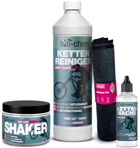 bio-chem Kettenwachs System Set 4-teilig für Fahrräder | Mit Kettenreiniger 1L, Kettenwachs 100ml, Shaker & Tuch für Rennrad, MTB & E-Bike