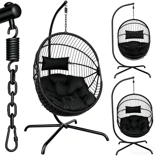 Oyajia Hängesessel mit Gestell 200cm, Seilflechten Eier Hängestuhl Outdoor & Indoor, Garten Schaukelstuhl für Balkon Terrasse, Stabiler Stahlrahmen bis 120kg, Loungesessel, faltbar, 200cm, Schwarz