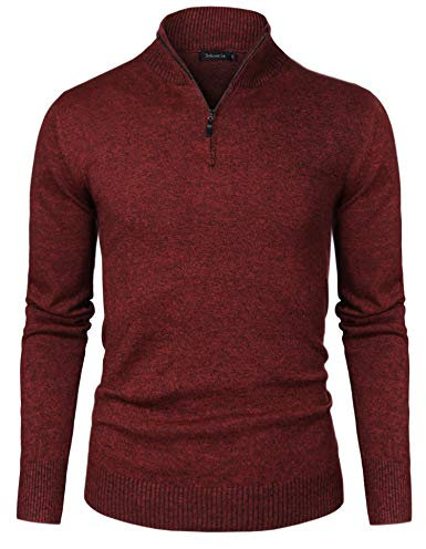 Sykooria Men's Polo Turtle Neck Jumper 1/4 Zip Sweater Long Sleeve Warm Cotton Knit Sweatshirt Pullover Tops Red