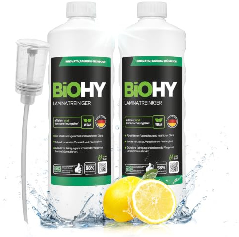 BiOHY Laminatreiniger Konzentrat Vinyl Designboden wischen (2 x 1 Liter) | Bodenpflege für Linoleum, Kork und Fertigparkett, streifenfrei und schonend, reduziert die Wiederverschmutzung