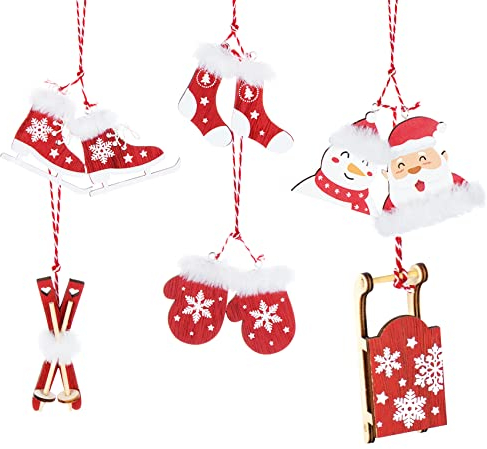 Adorfine Deco Christbaum Schmuck, Wintersport Weihnachtsanhänger aus Holz in Bordeaux- Schlittschuhe, Schlitten, Handschuhe,Weihnachtsmann Baumbehang mit Kuscheligen Plüsch