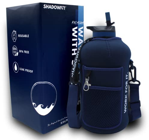 Shadowfit Half Gallon Water Bottles (74 ounce, 2.2 Liter) with Straw Lid Handle and Storage Sleeve - Large Jug Holder with Strap for Drinking during Workout and Exercise